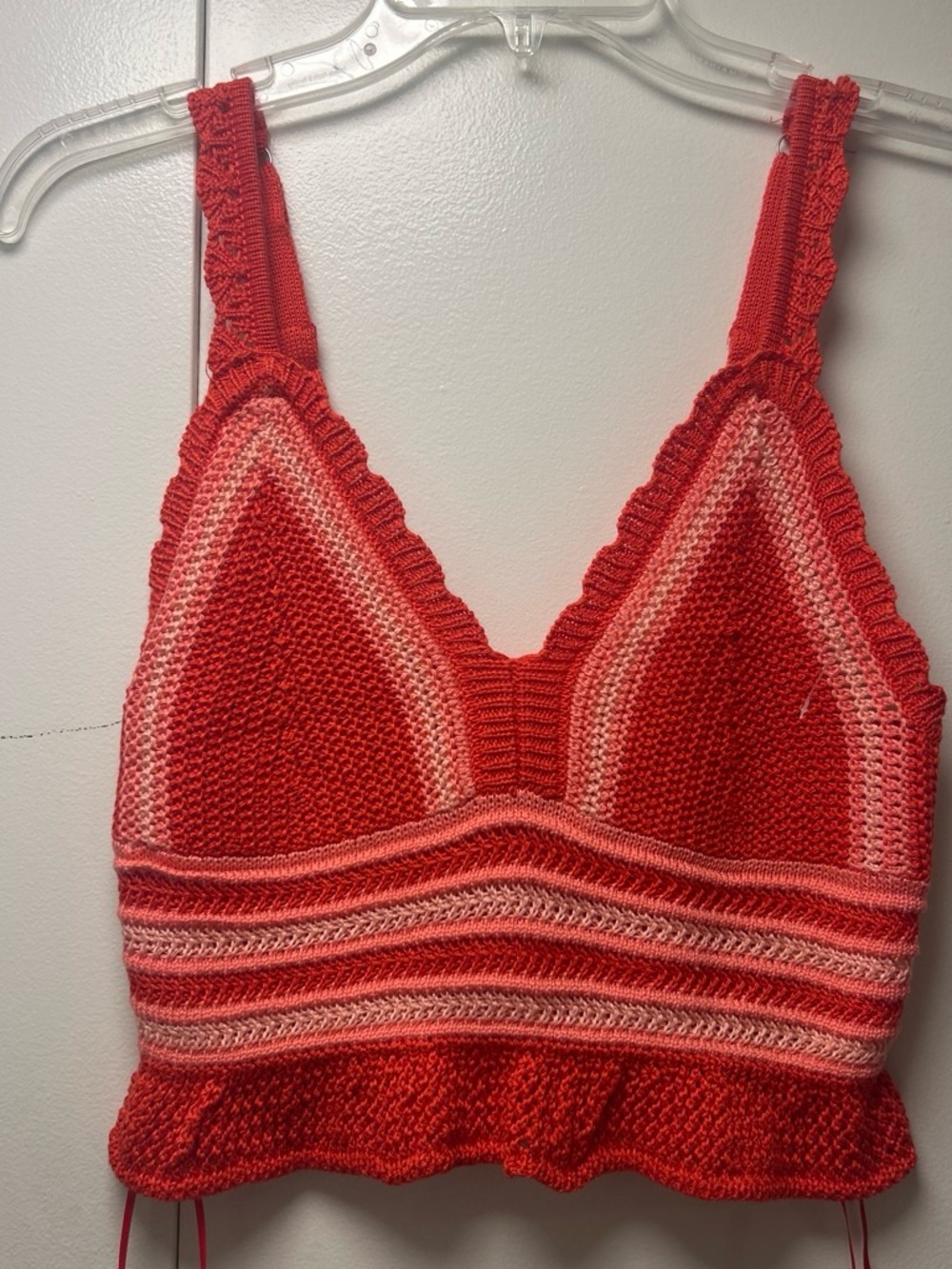 Crochet Knit Red Bandeau Crop Top Bralette with Pink Accent